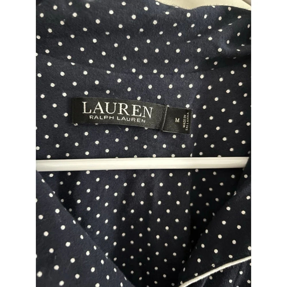 Lauren Ralph Lauren Navy Polka Dot Button Front Pajama Top Collared 3/4 Sleeve M